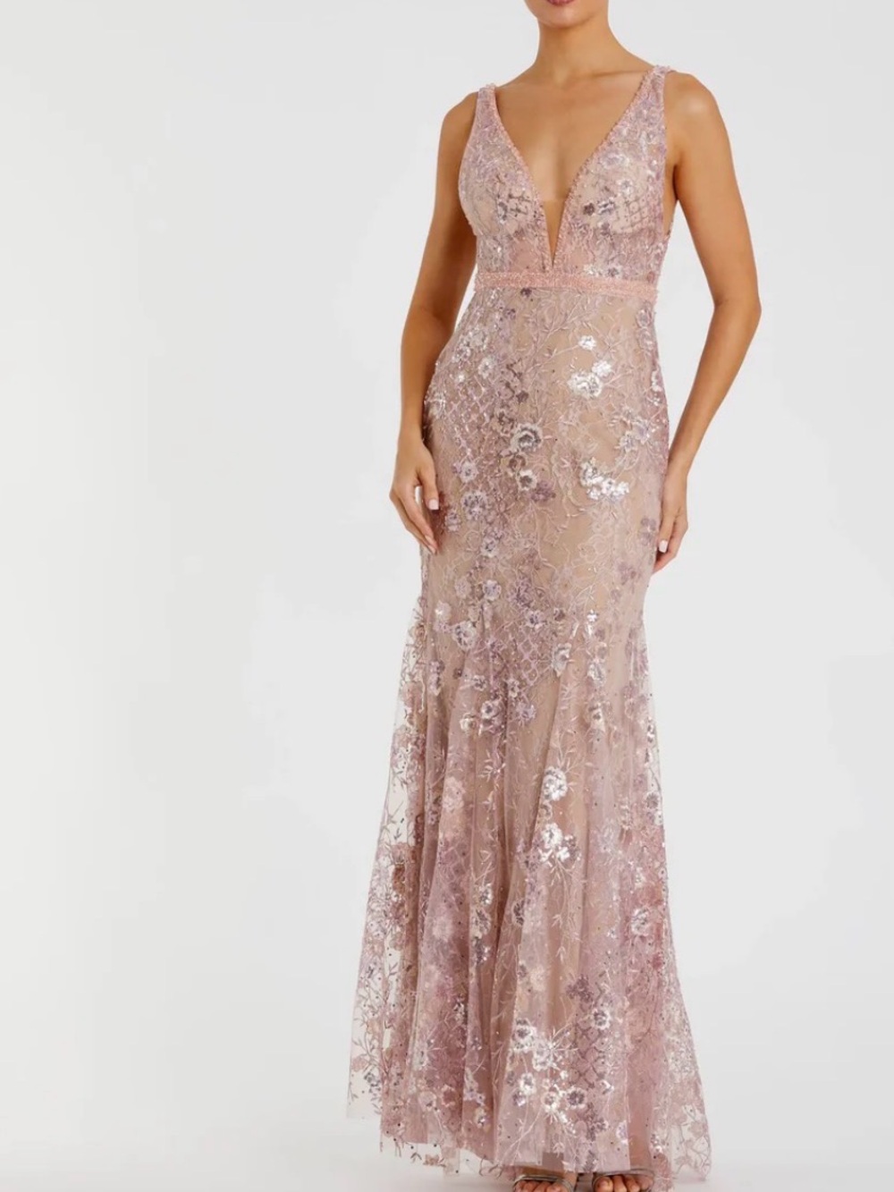 Plunging V-Neck Pink Floral Sequin Gown